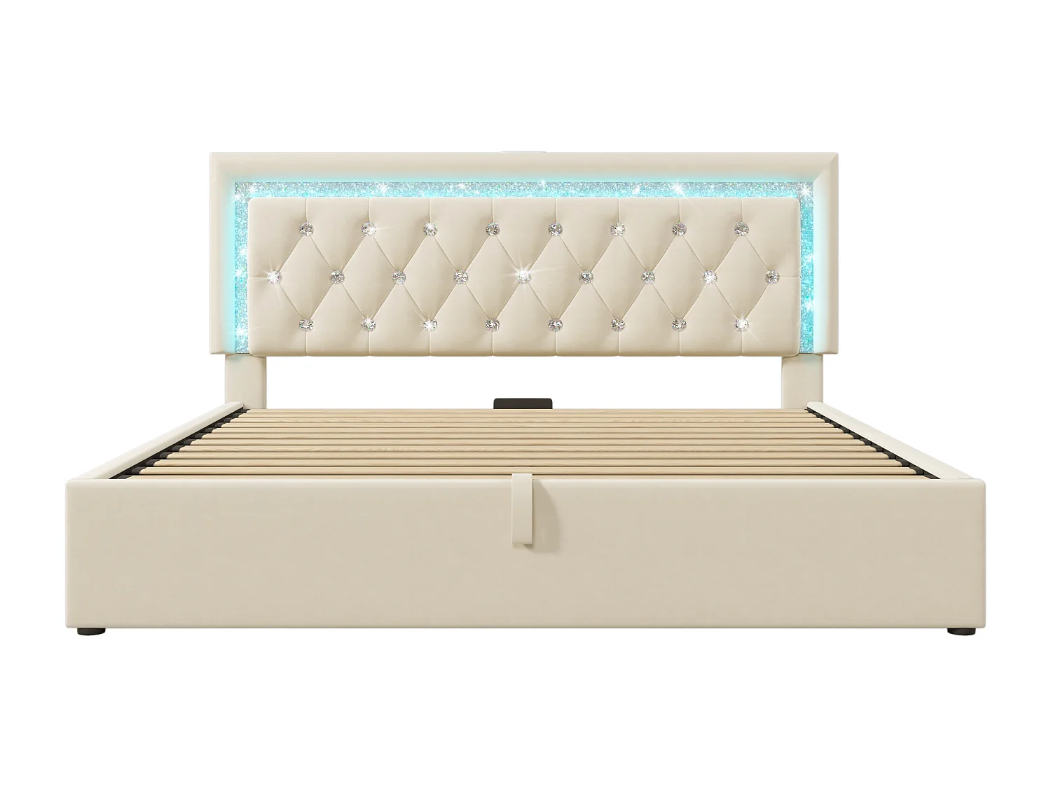 Opbergbed voor volwassenen 140x200 cm met LED-verlichting, USB- en Type-C-aansluiting - Beige fluweel (matras niet inbegrepen)