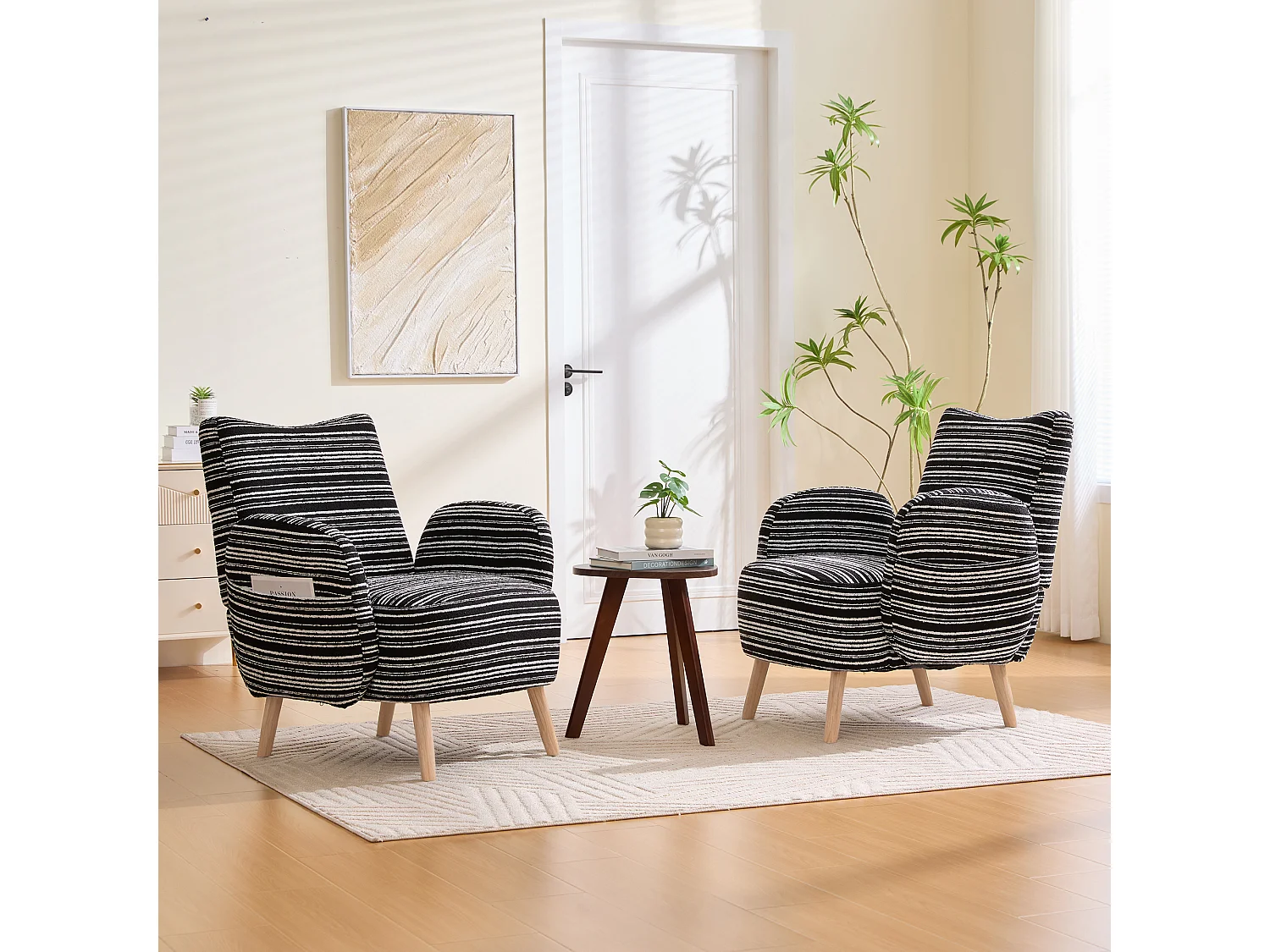 Fauteuil in zwarte boucléstof - Houten poten - Voor woonkamers, slaapkamers en kantoren