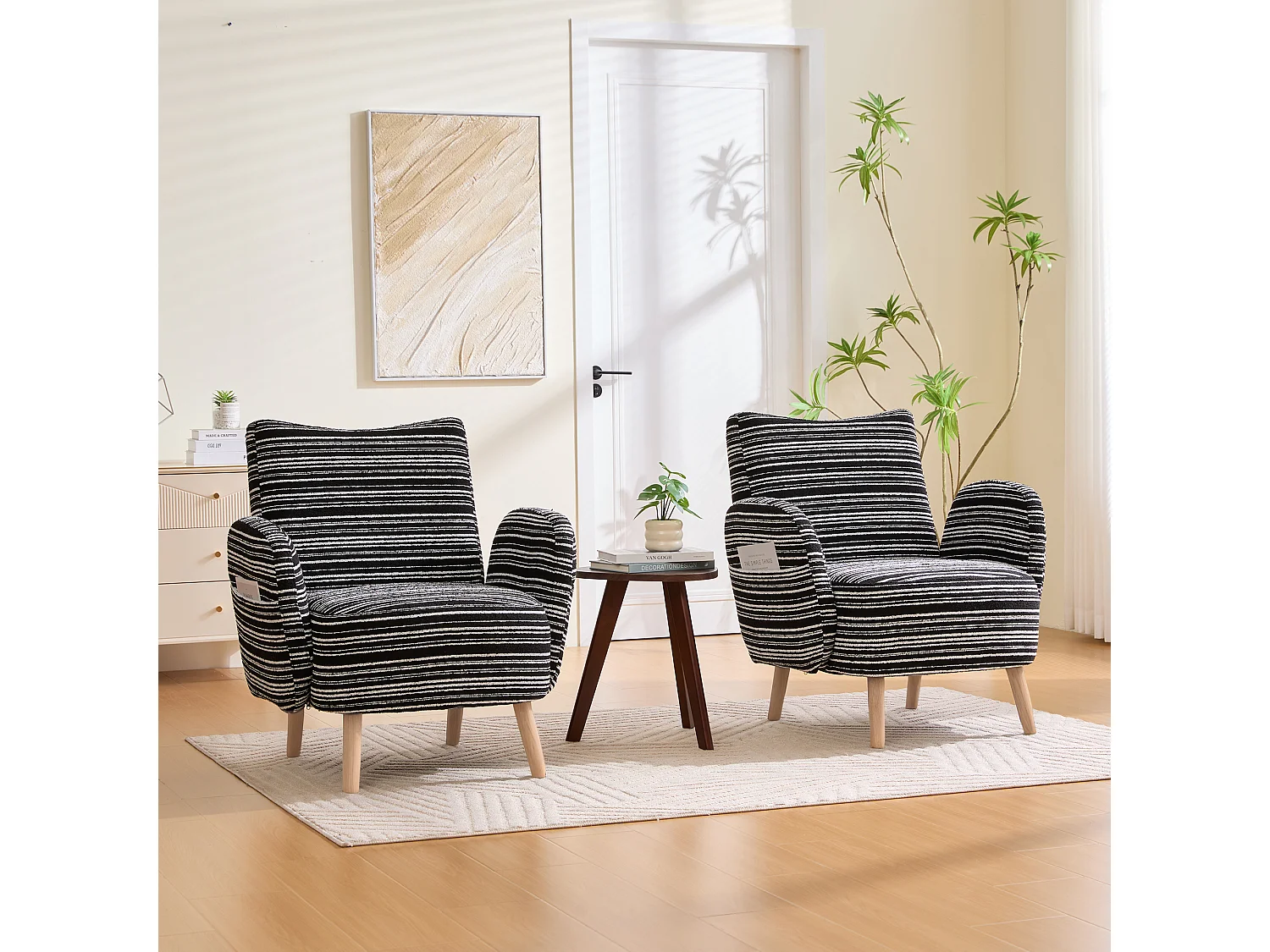 Fauteuil in zwarte boucléstof - Houten poten - Voor woonkamers, slaapkamers en kantoren