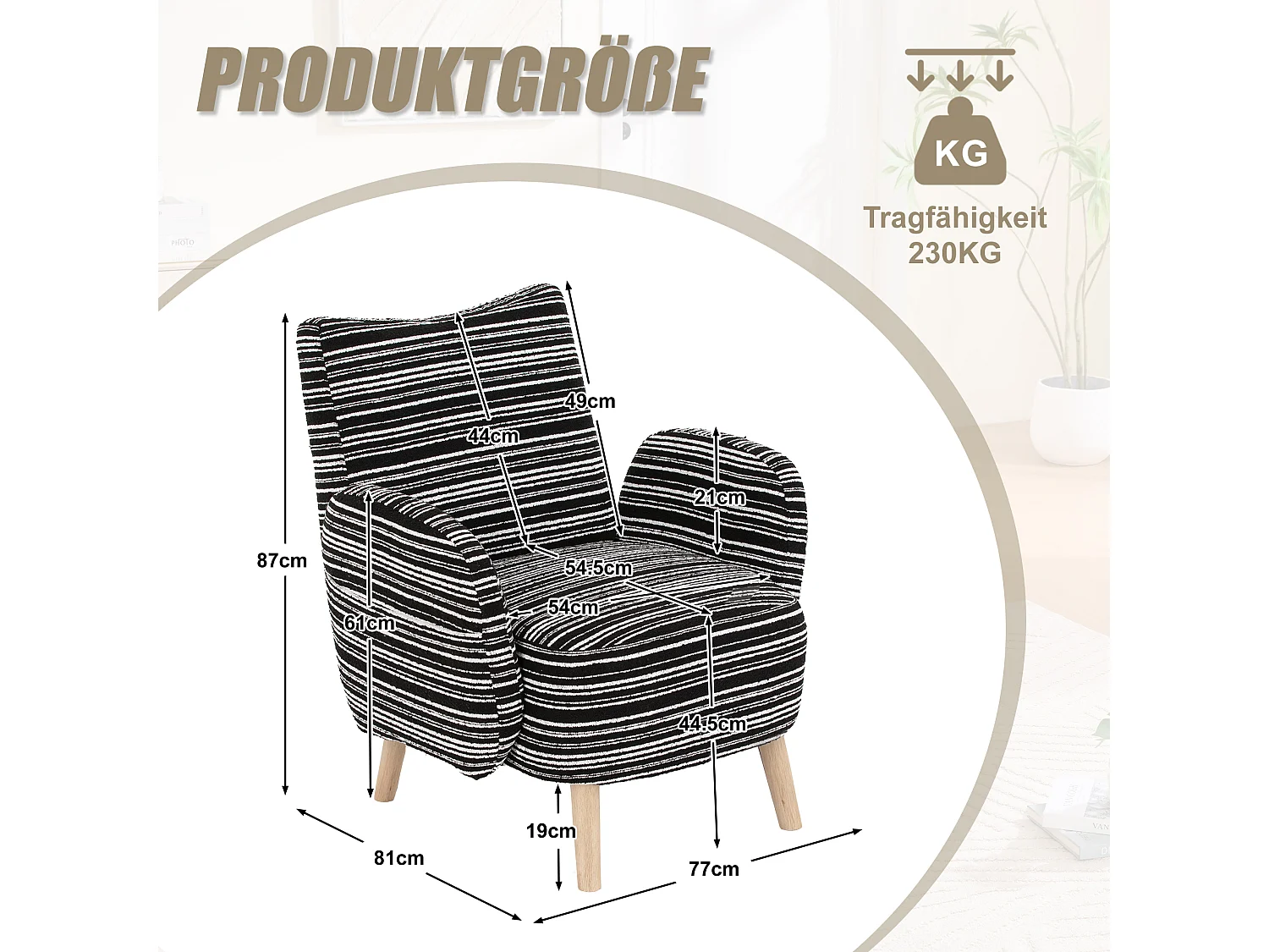 Fauteuil in zwarte boucléstof - Houten poten - Voor woonkamers, slaapkamers en kantoren
