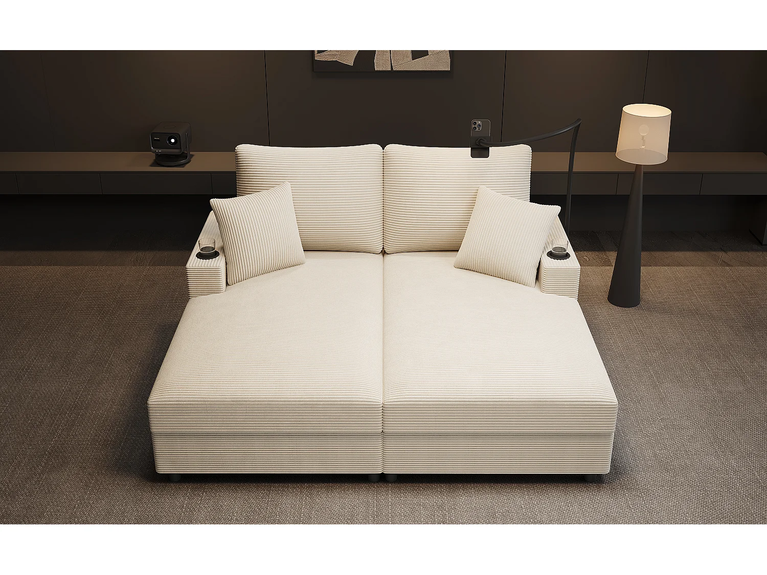 Canapé 2 places avec couchage - Téléphone portable et port USB - Velours côtelé beige