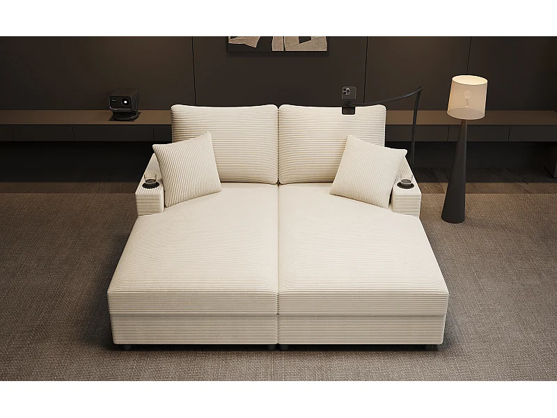 Canapé 2 places avec couchage - Téléphone portable et port USB - Velours côtelé beige