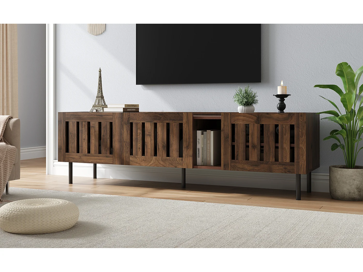 TV-meubel met 3 deuren, 160 x 40 x 47 cm - Opengewerkt design - Walnootkleur