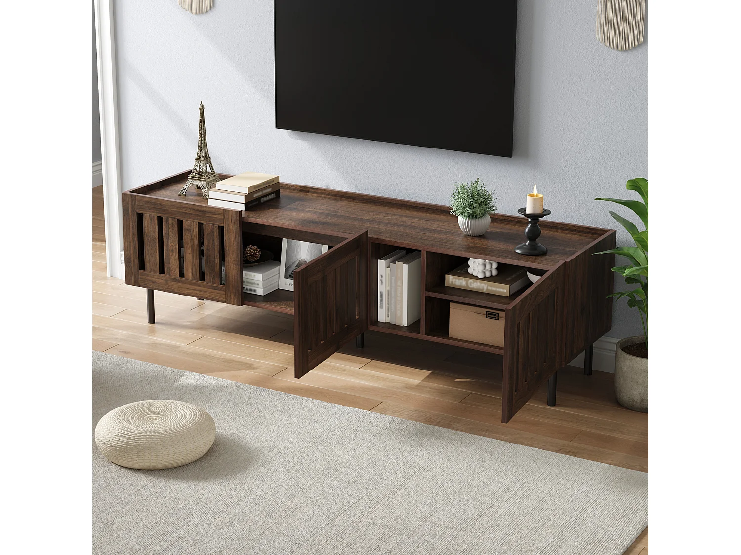 Meuble TV avec 3 portes 160 x 40 x 47 cm - Design ajouré - Couleur noyer