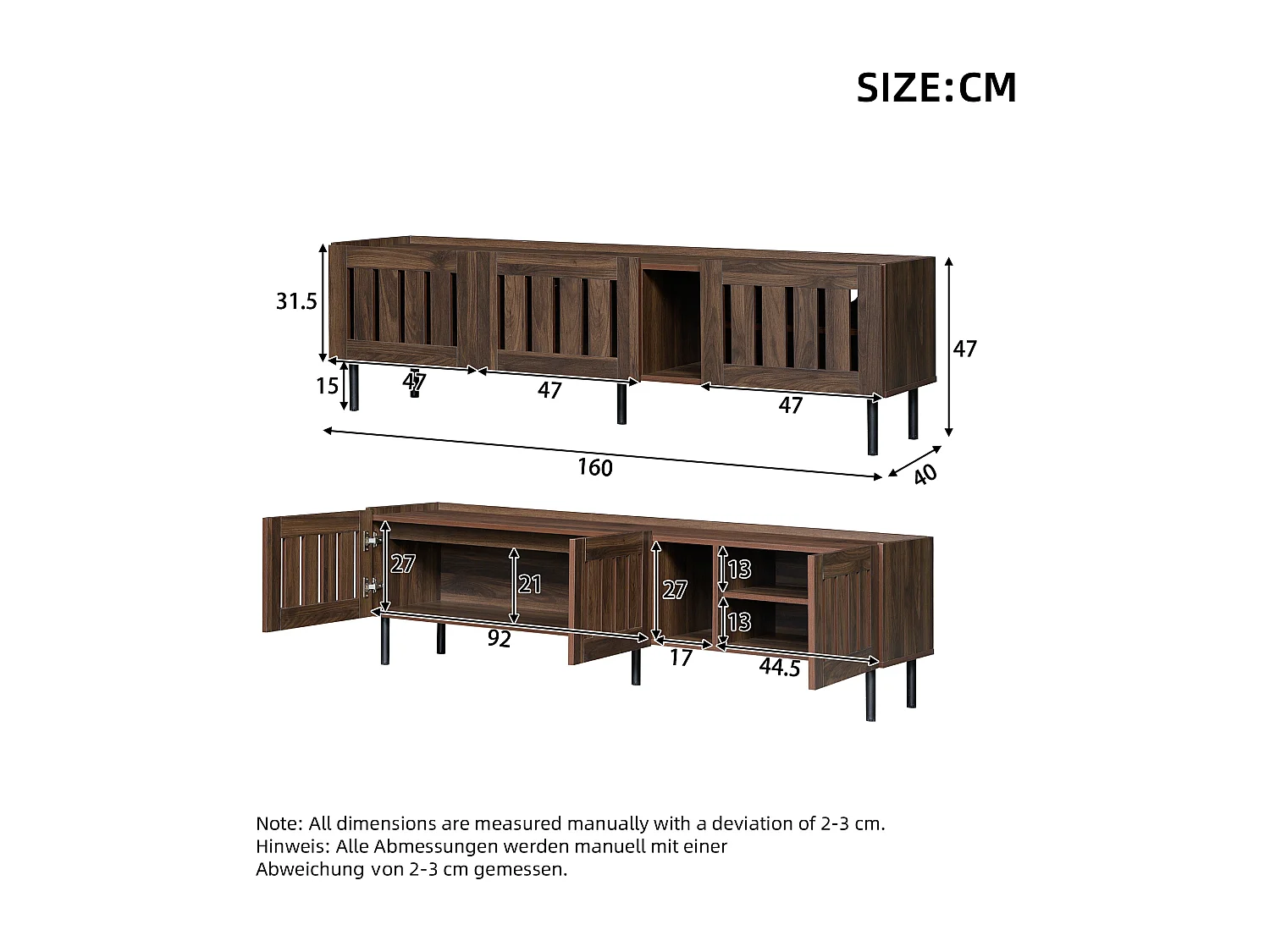 Meuble TV avec 3 portes 160 x 40 x 47 cm - Design ajouré - Couleur noyer