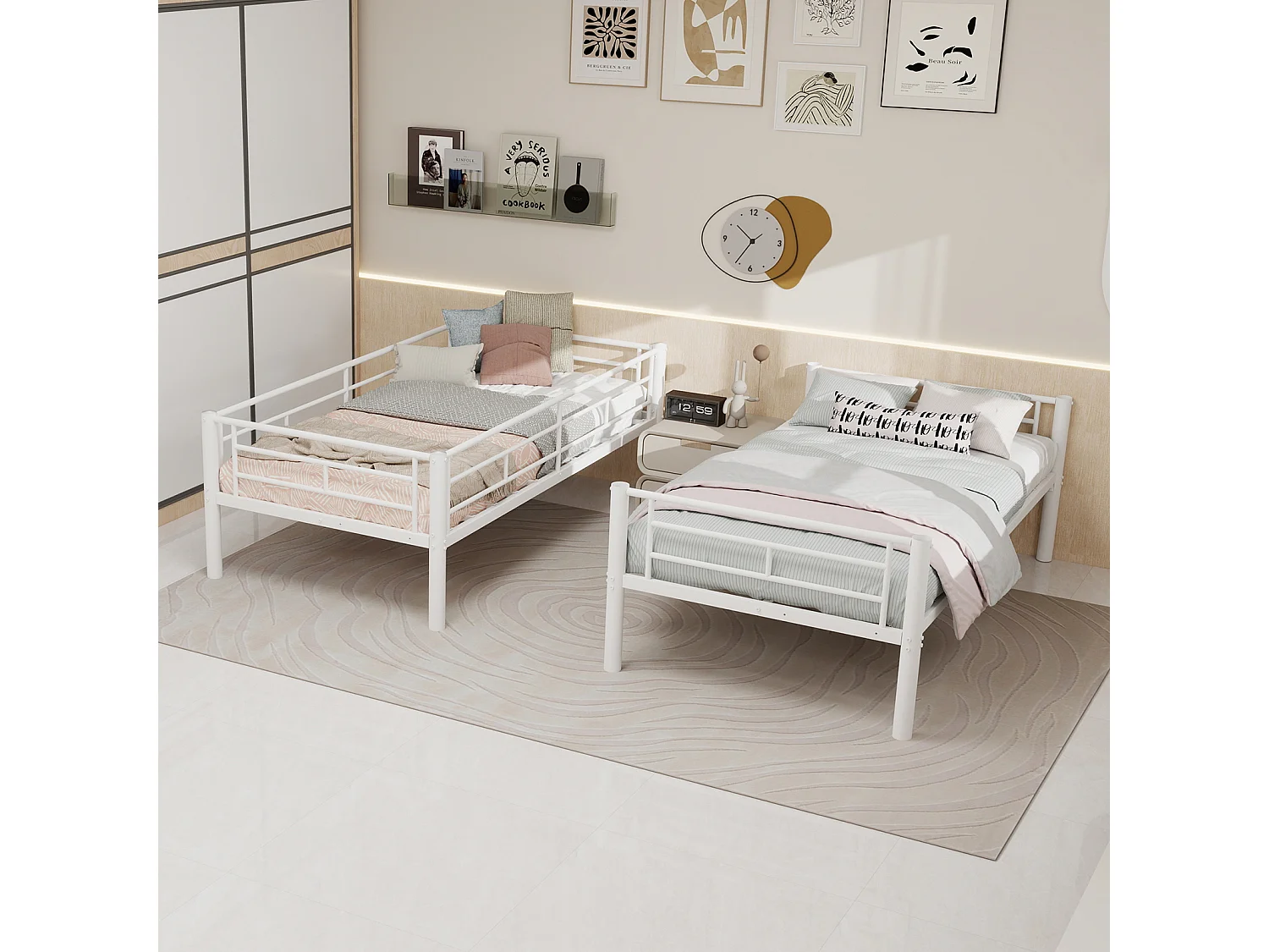 Lit superposé 90x190 cm convertible en 2 lits - Lit enfant en métal blanc