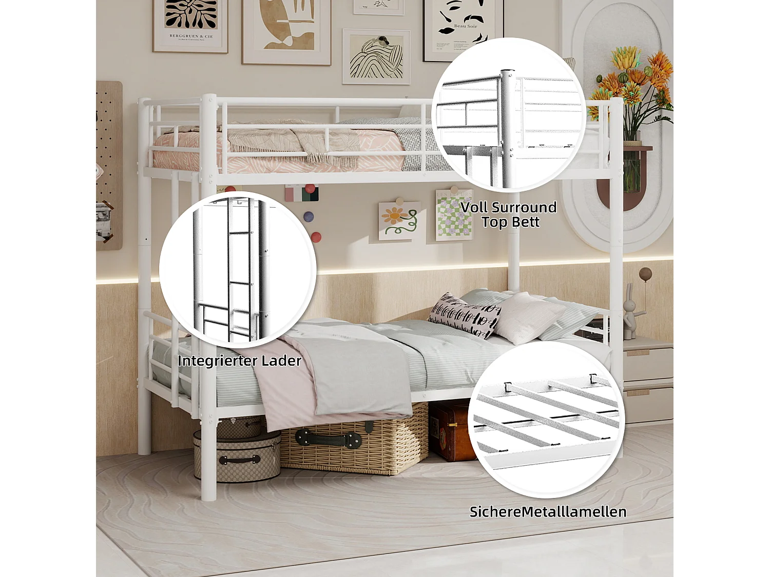 Lit superposé 90x190 cm convertible en 2 lits - Lit enfant en métal blanc