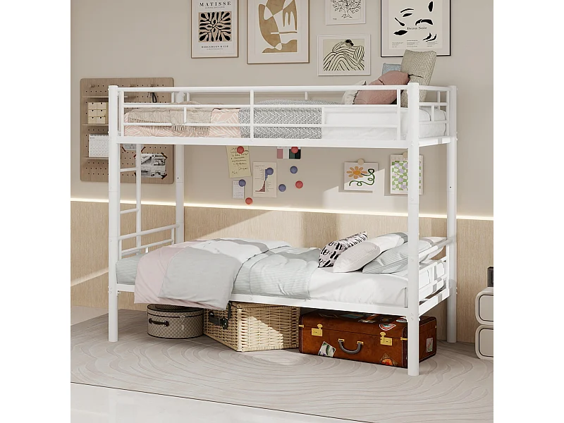 Lit superposé 90x190 cm convertible en 2 lits - Lit enfant en métal blanc