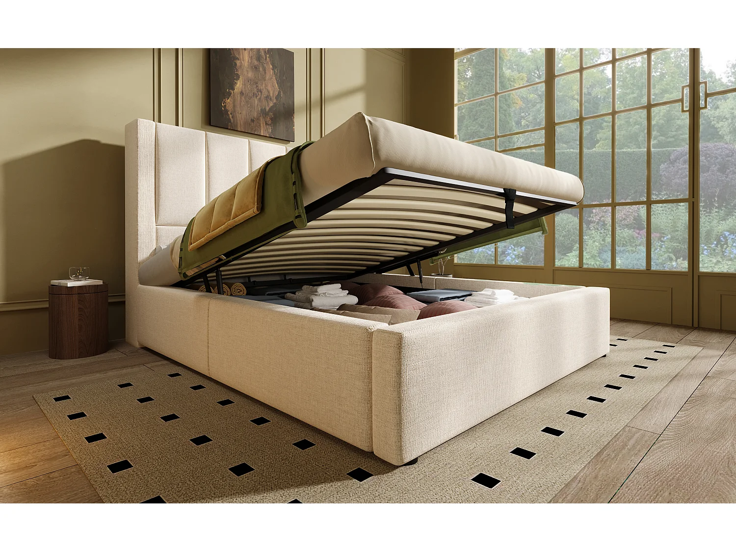 Lit coffre simple 90x 200 cm avec porte-gobelet et 3 USB ,1 Type-C - Lin beige