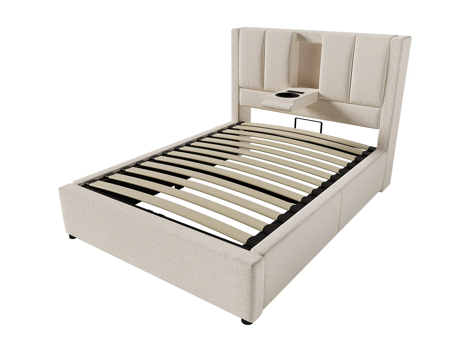 Lit coffre simple 90x 200 cm avec porte-gobelet et 3 USB ,1 Type-C - Lin beige
