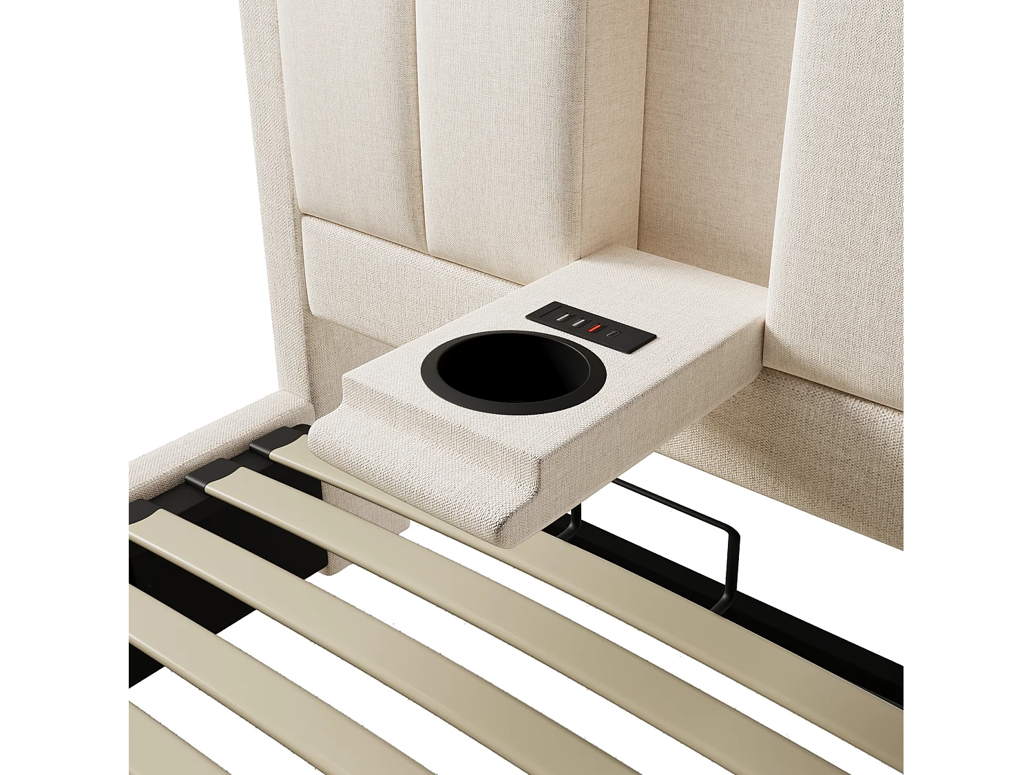 Lit coffre simple 90x 200 cm avec porte-gobelet et 3 USB ,1 Type-C - Lin beige