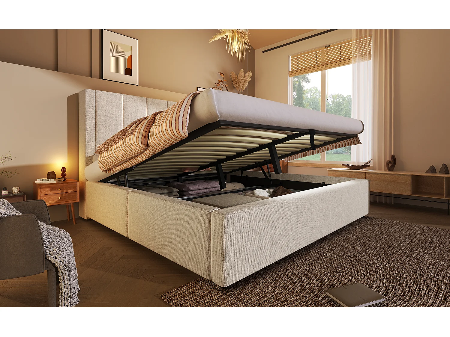 Lit double coffre 160x200 cm avec porte-gobelet et 3 USB ,1 Type-C - Lin beige