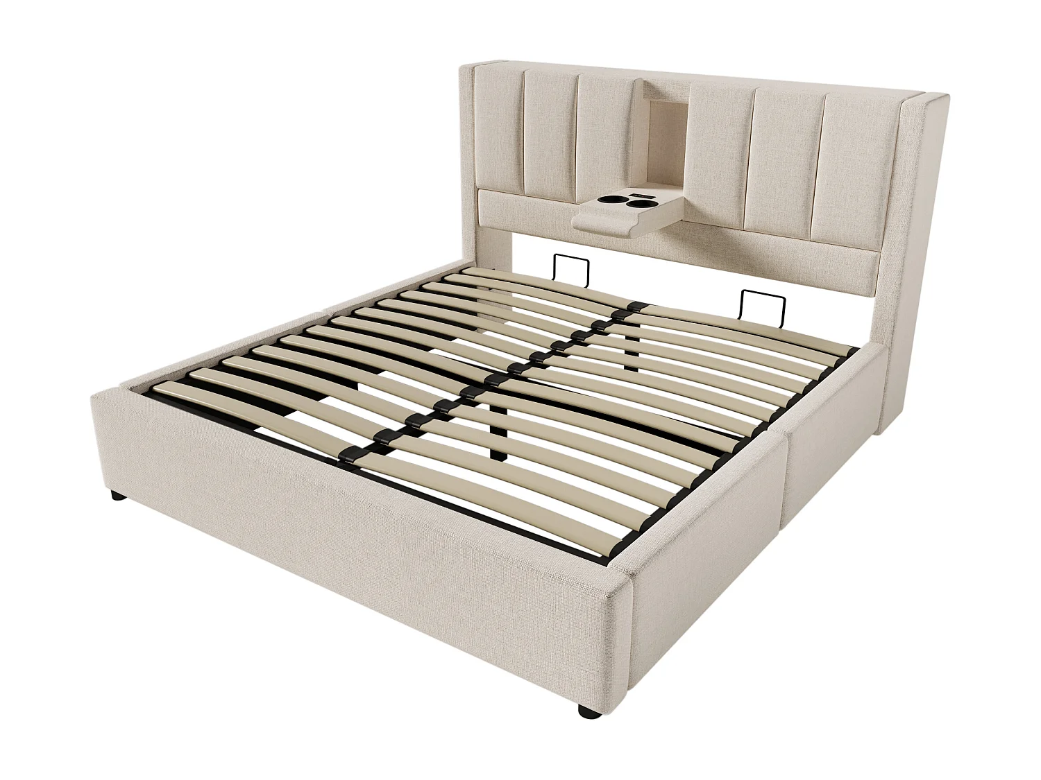 Lit double coffre 160x200 cm avec porte-gobelet et 3 USB ,1 Type-C - Lin beige