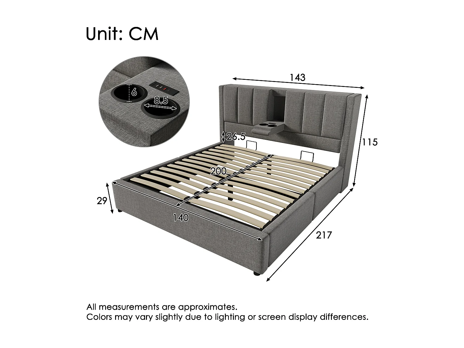 Lit adulte coffre 140x 200 cm avec porte-gobelet et 3 USB ,1 Type-C - Lin gris
