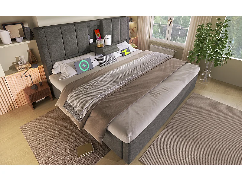 Lit adulte coffre 140x 200 cm avec porte-gobelet et 3 USB ,1 Type-C - Lin gris
