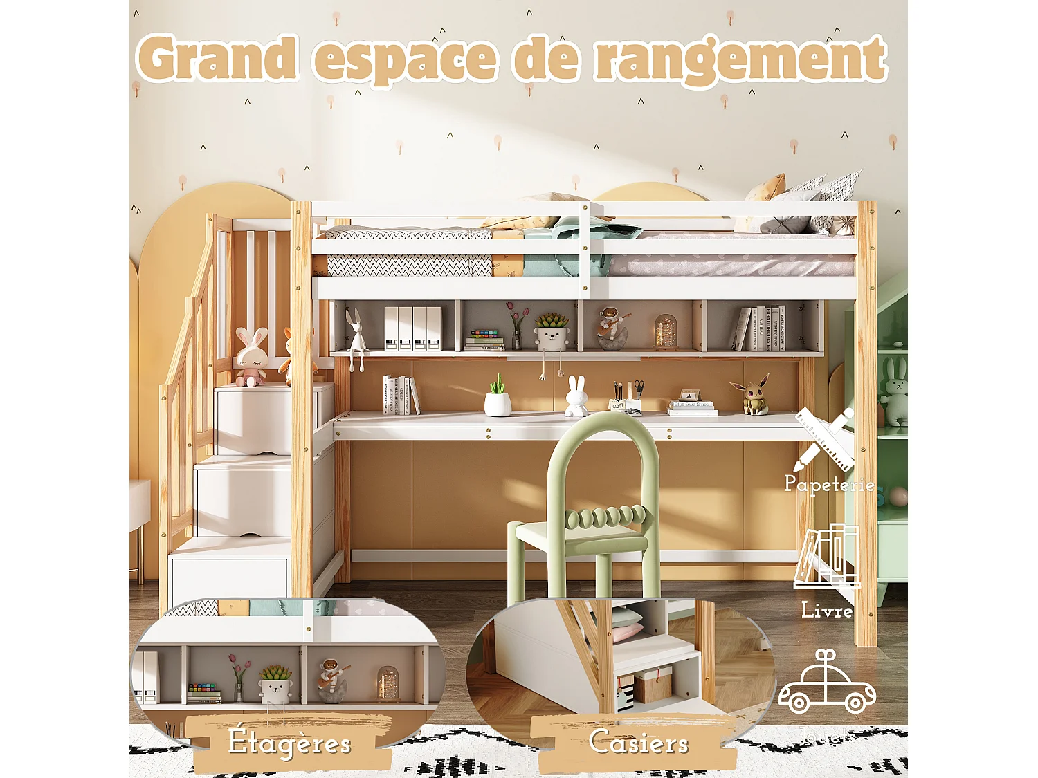 Kinderhoogslaper 90x200 cm met bureau, planken en opbergladder - Licht naturel en wit