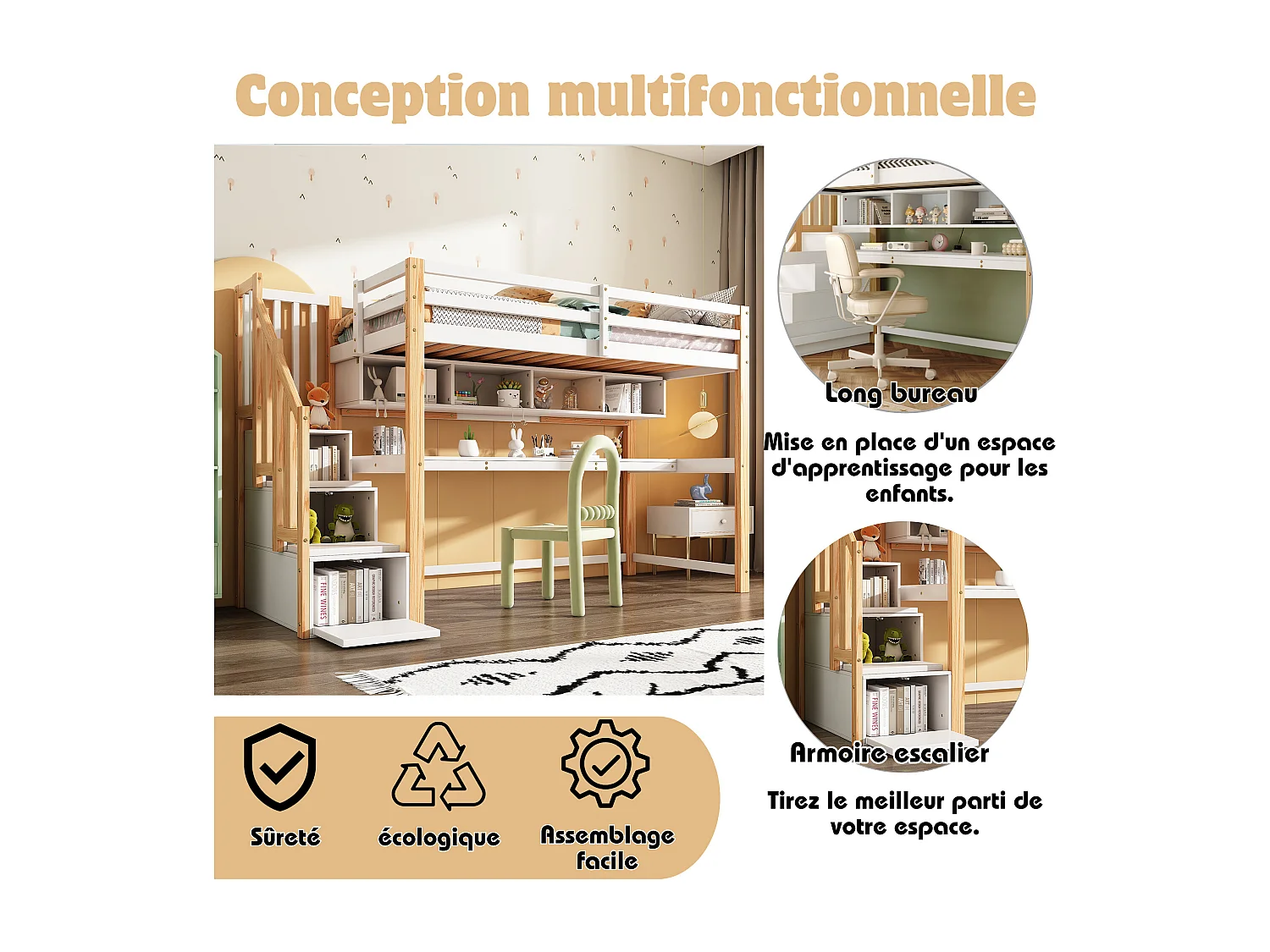 Kinderhoogslaper 90x200 cm met bureau, planken en opbergladder - Licht naturel en wit