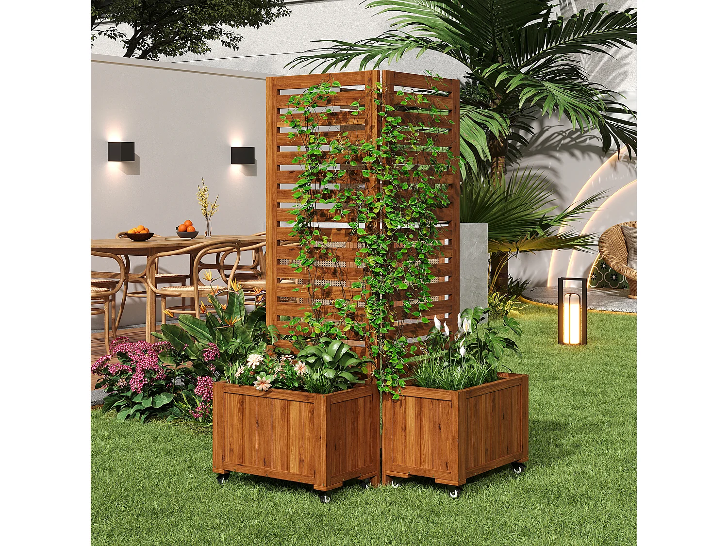 Jardinière à poser avec treillis - Avec fonction pliable et roulettes - Bois marron