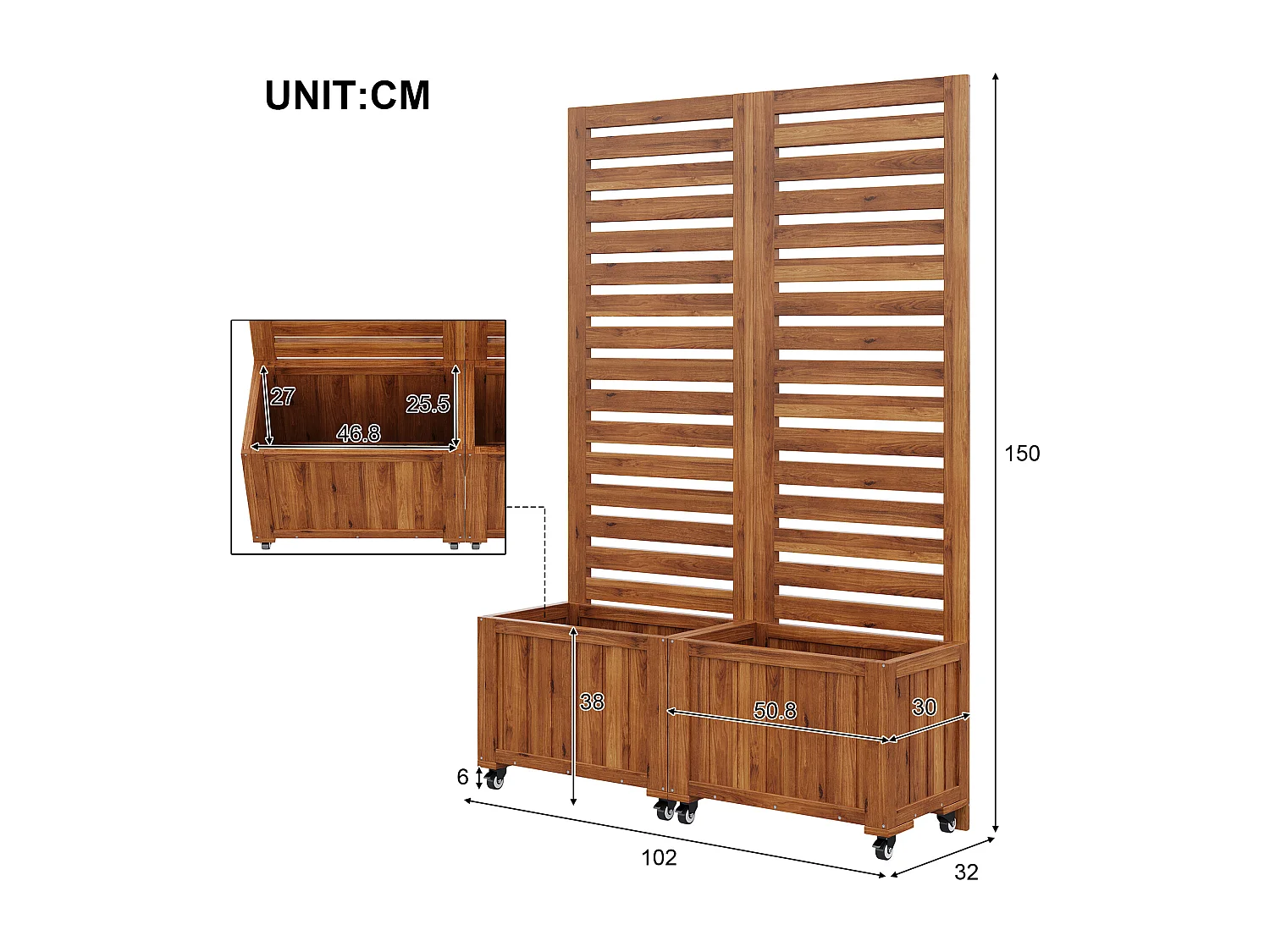 Jardinière à poser avec treillis - Avec fonction pliable et roulettes - Bois marron