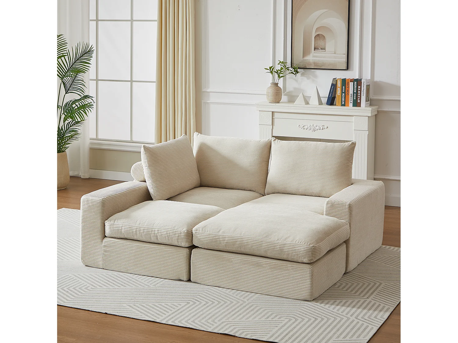 Canapé d'angle 3 places avec méridienne et 3 coussins - Velours côtelé beige