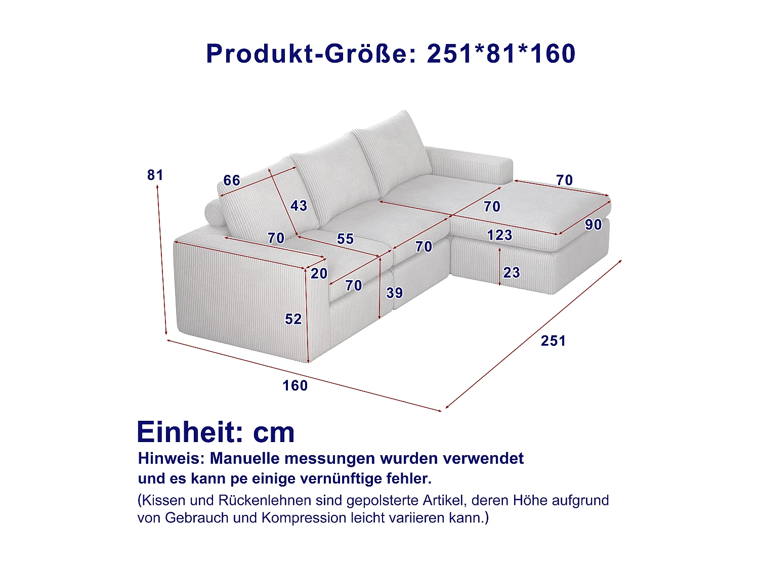 Canapé d'angle 3 places avec méridienne et 3 coussins - Velours côtelé beige