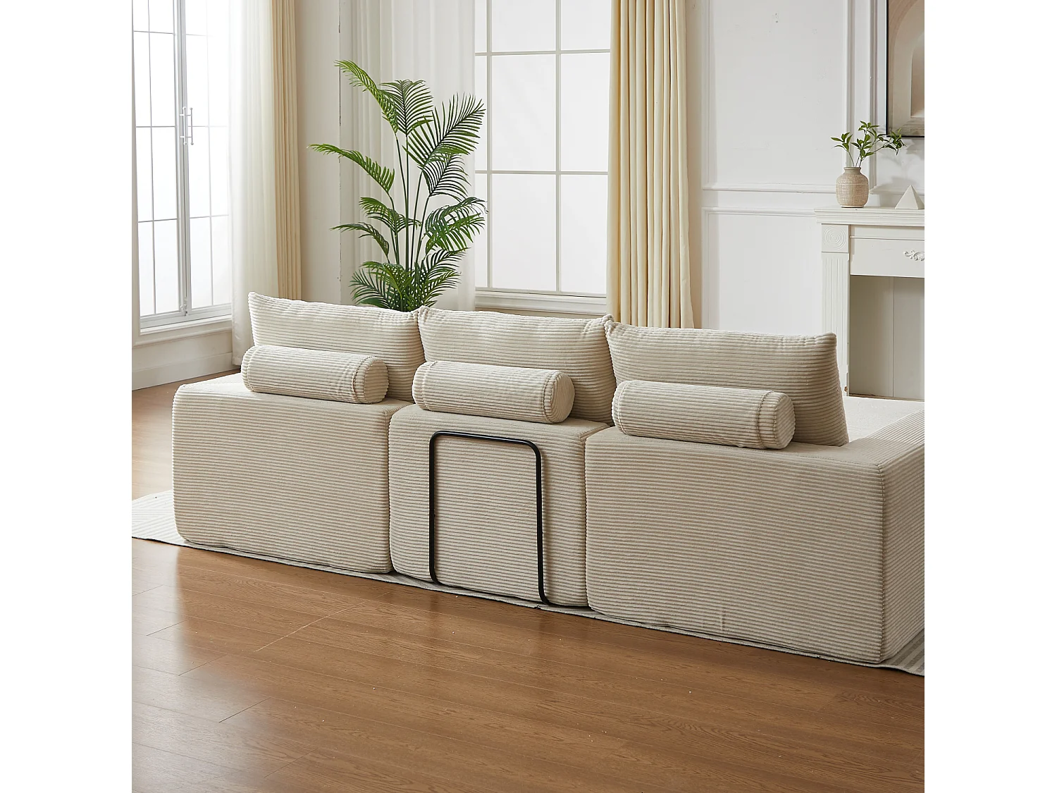 Canapé d'angle 3 places avec méridienne et 3 coussins - Velours côtelé beige