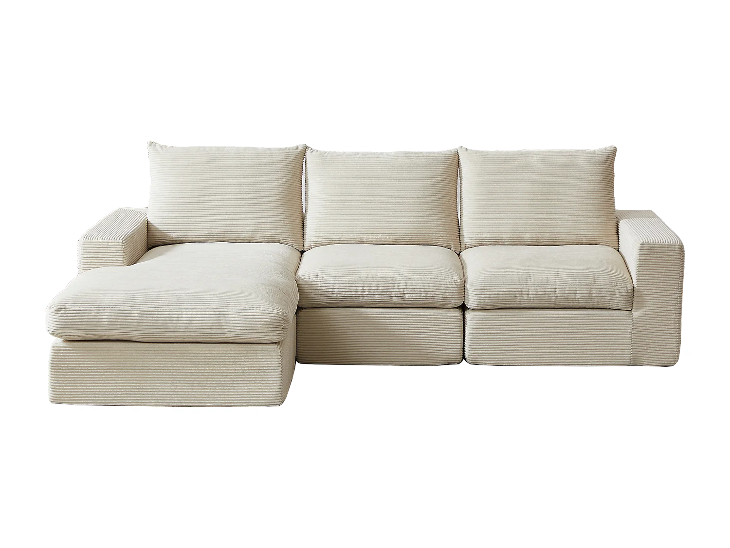 Canapé d'angle 3 places avec méridienne et 3 coussins - Velours côtelé beige