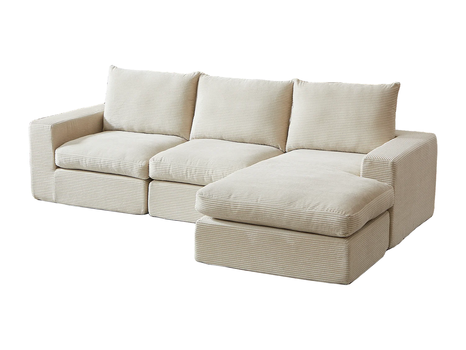 Canapé d'angle 3 places avec méridienne et 3 coussins - Velours côtelé beige