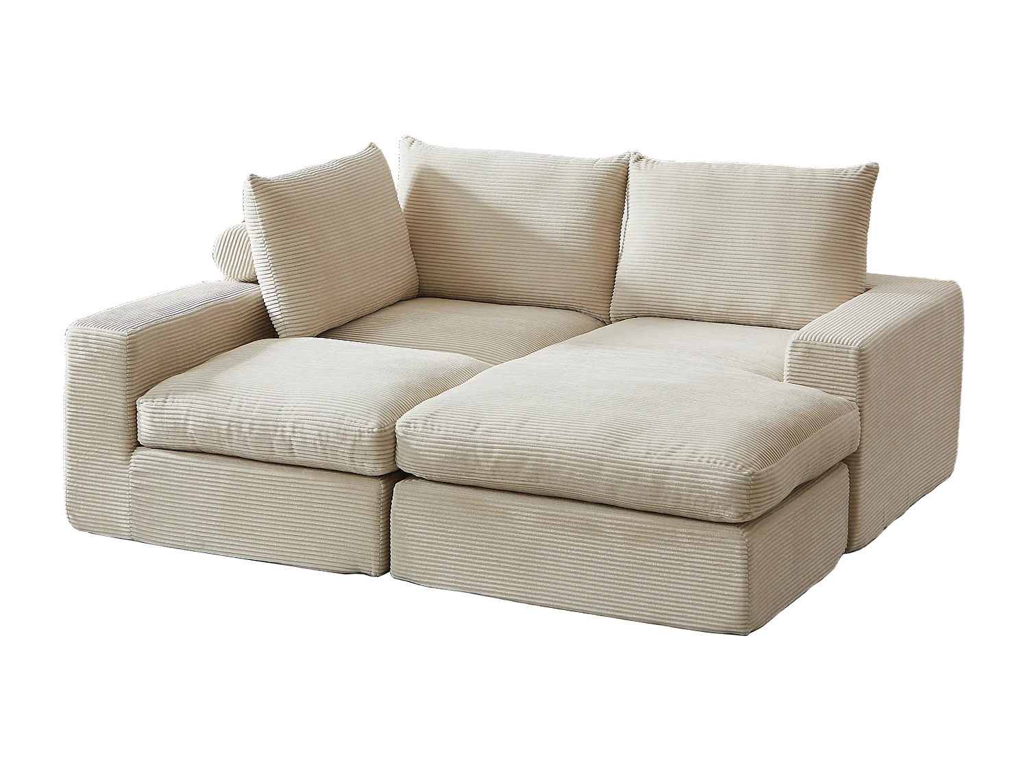 Canapé d'angle 3 places avec méridienne et 3 coussins - Velours côtelé beige