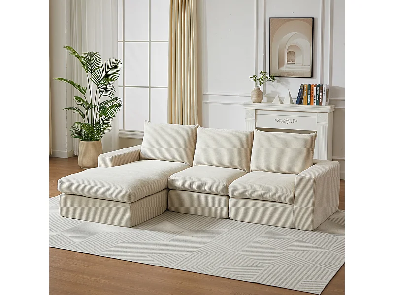 Canapé d'angle 3 places avec méridienne et 3 coussins - Velours côtelé beige