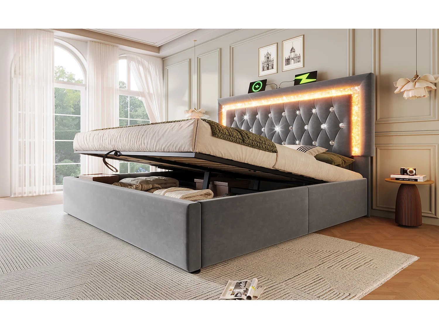 Tweepersoonsbed van 180x200 cm met opbergruimte in grijs fluweel - Volwassenenbed met led-, USB- en Type-C-aansluiting