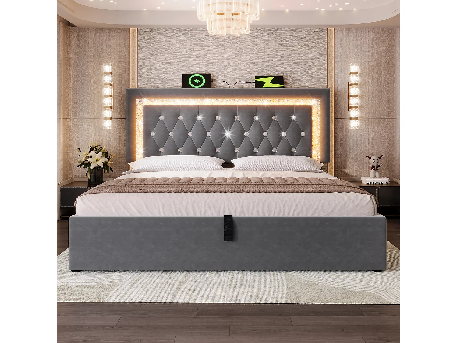 Tweepersoonsbed van 180x200 cm met opbergruimte in grijs fluweel - Volwassenenbed met led-, USB- en Type-C-aansluiting