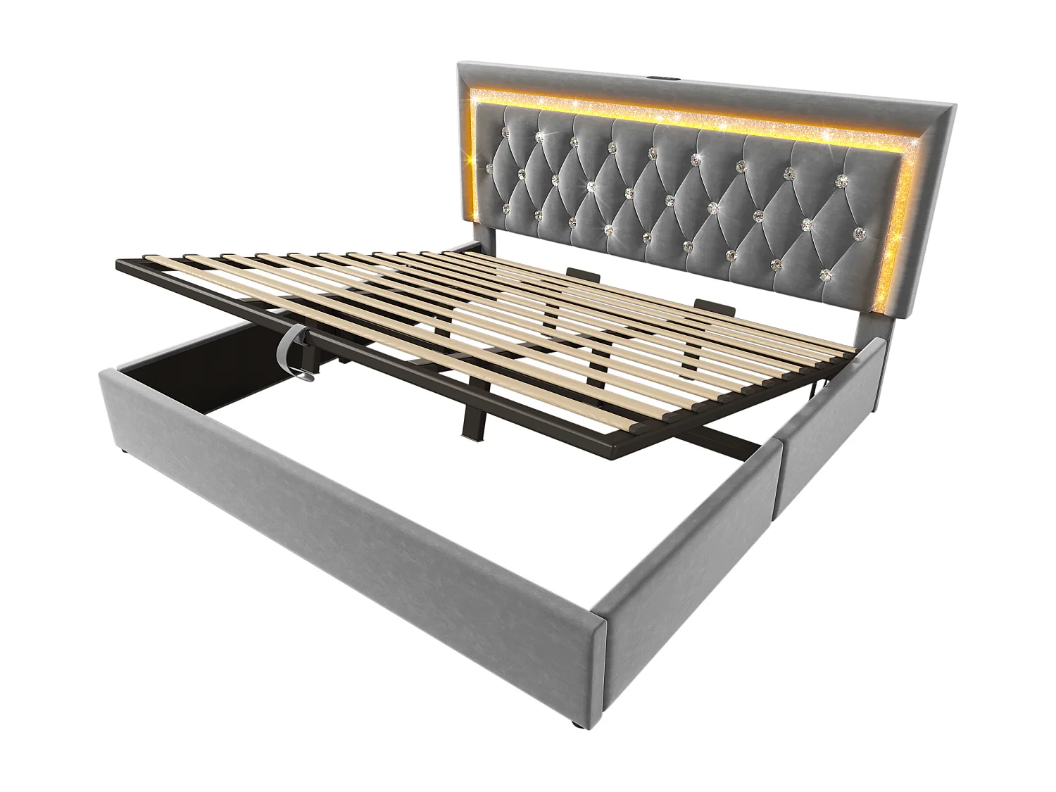 Tweepersoonsbed van 180x200 cm met opbergruimte in grijs fluweel - Volwassenenbed met led-, USB- en Type-C-aansluiting