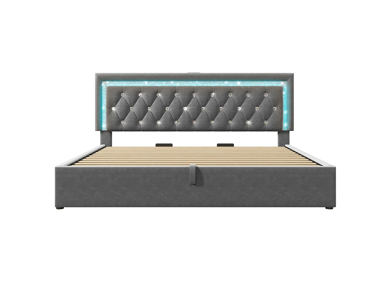 Lit double coffre 180x200cm en velours gris - Lit adulte avec LED, USB et Type-C