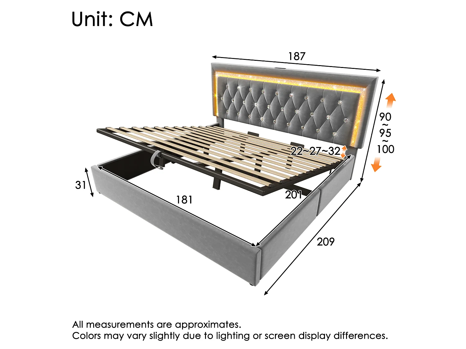 Lit double coffre 180x200cm en velours gris - Lit adulte avec LED, USB et Type-C