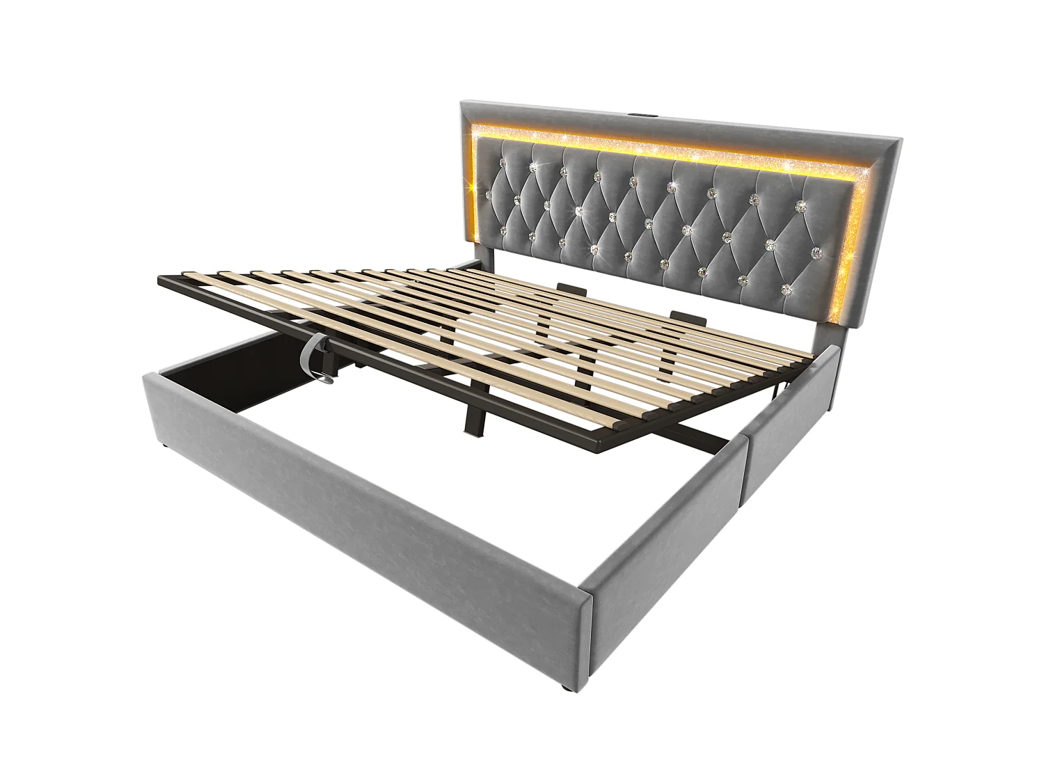 Lit double coffre 180x200cm en velours gris - Lit adulte avec LED, USB et Type-C