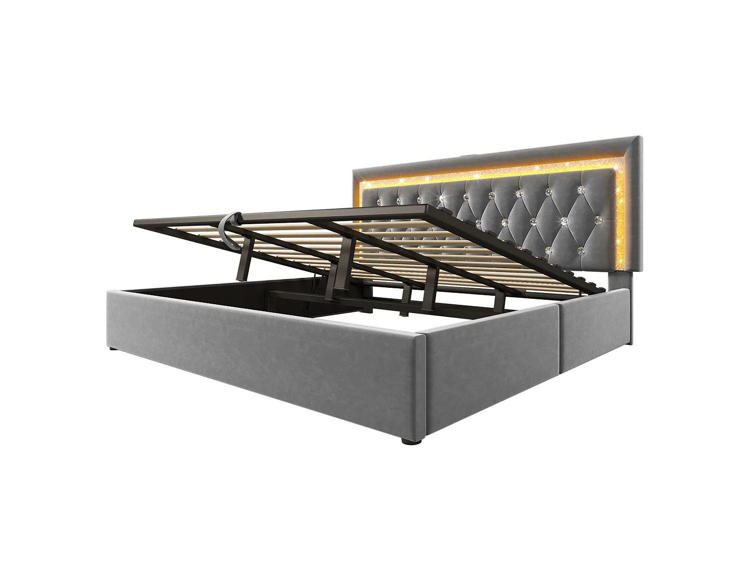 Lit double coffre 180x200cm en velours gris - Lit adulte avec LED, USB et Type-C