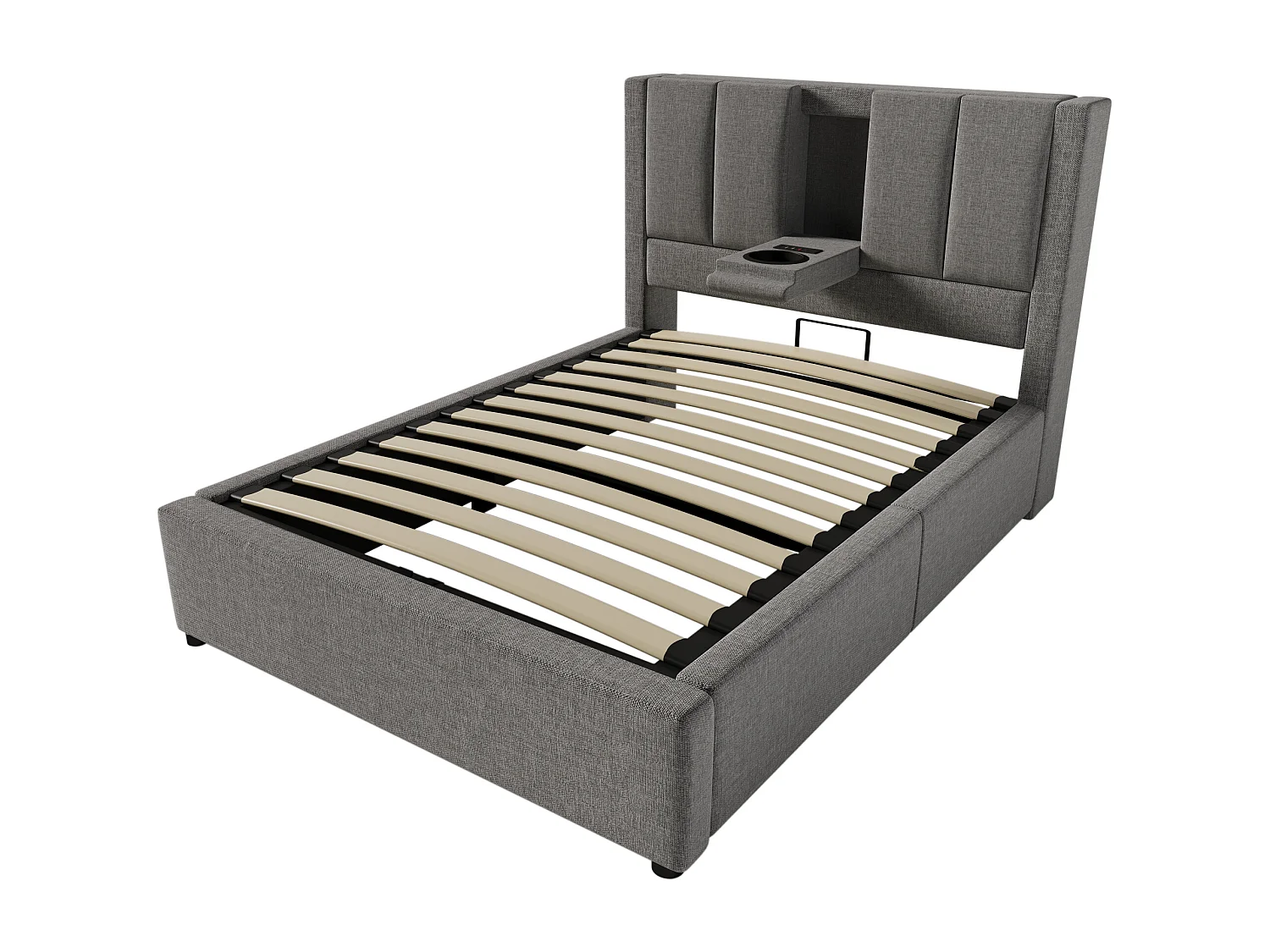 Lit coffre simple 90x 200 cm avec porte-gobelet et 3 USB ,1 Type-C - Lin gris