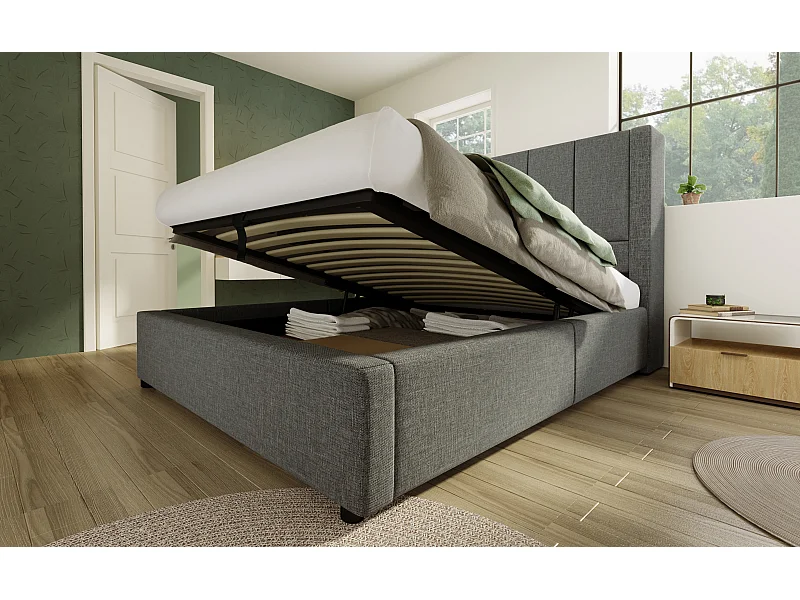 Lit coffre simple 90x 200 cm avec porte-gobelet et 3 USB ,1 Type-C - Lin gris