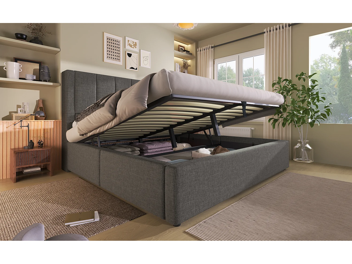 Lit double coffre 160x200 cm avec porte-gobelet et 3 USB ,1 Type-C - Lin gris