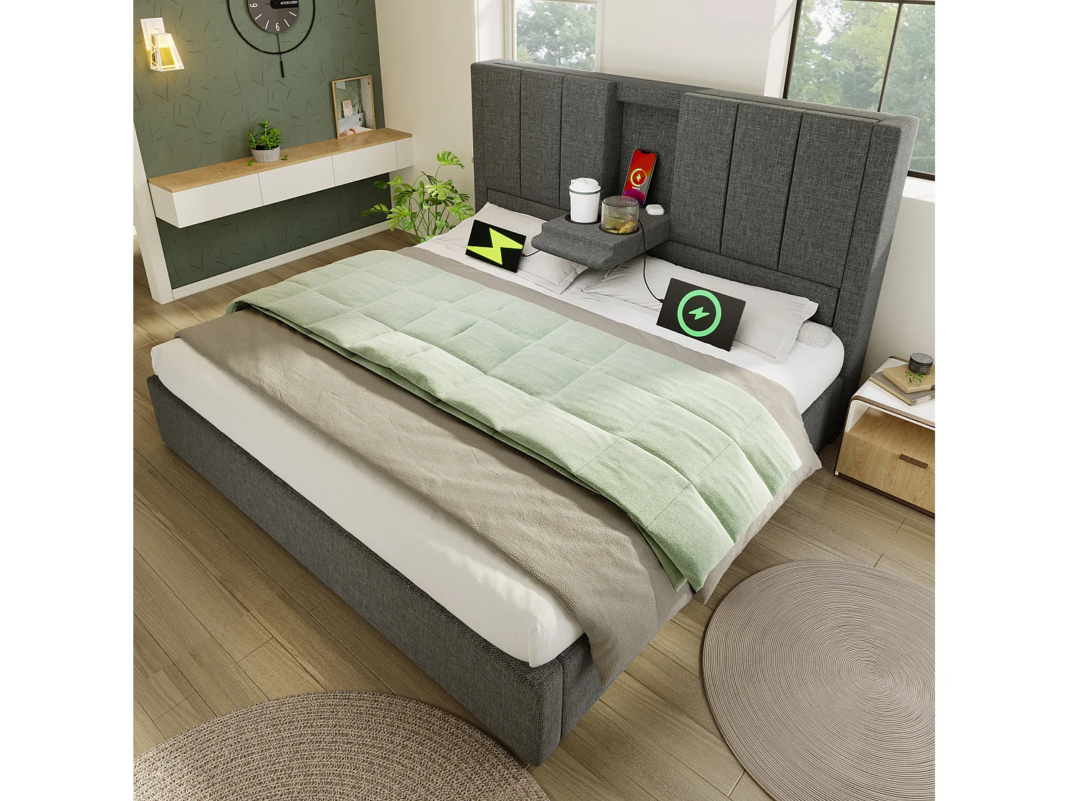 Lit double coffre 160x200 cm avec porte-gobelet et 3 USB ,1 Type-C - Lin gris