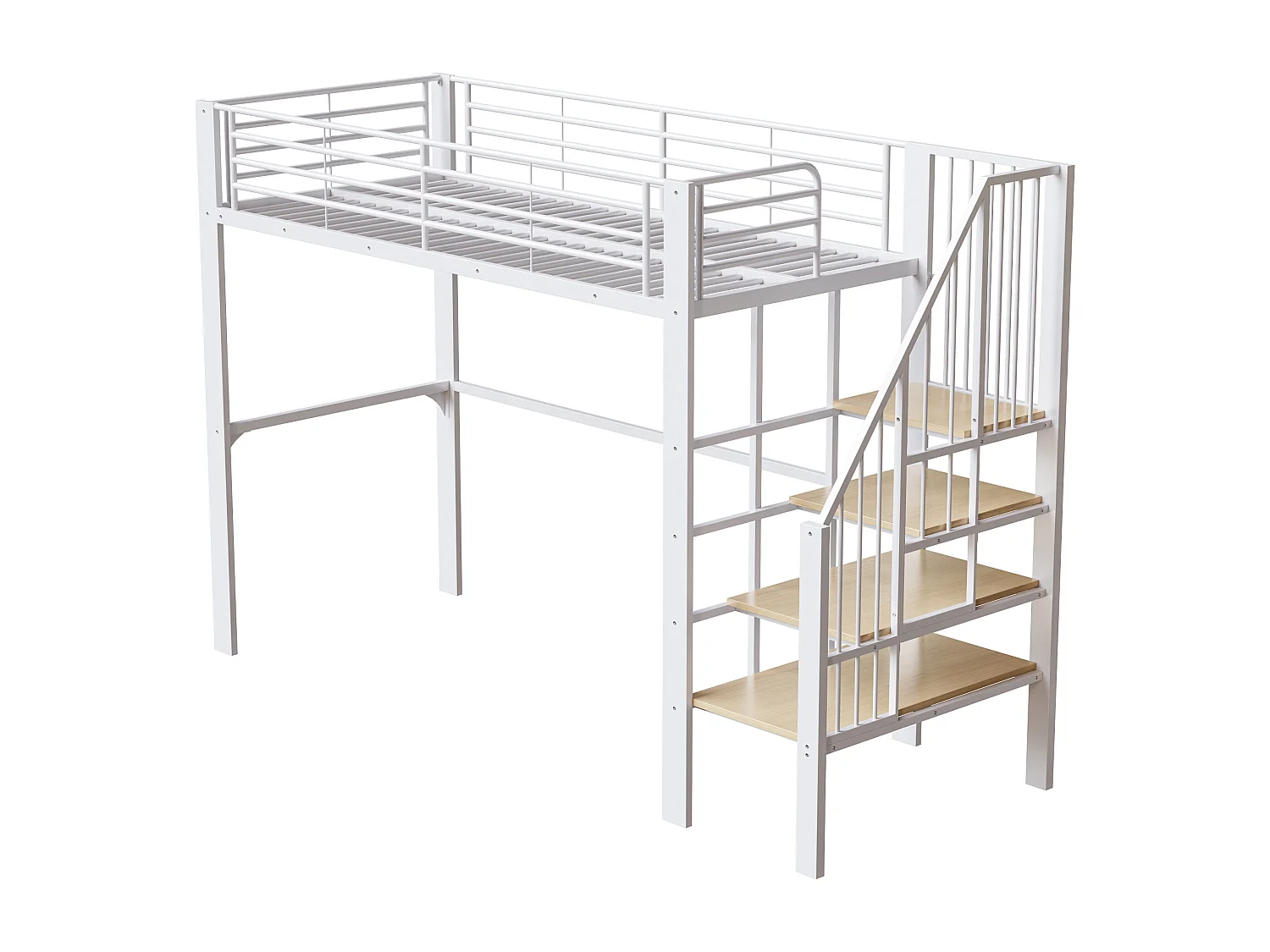 Lit mezzanine enfant 90 x 200 cm avec escalier de rangement - Structure métal - Blanc