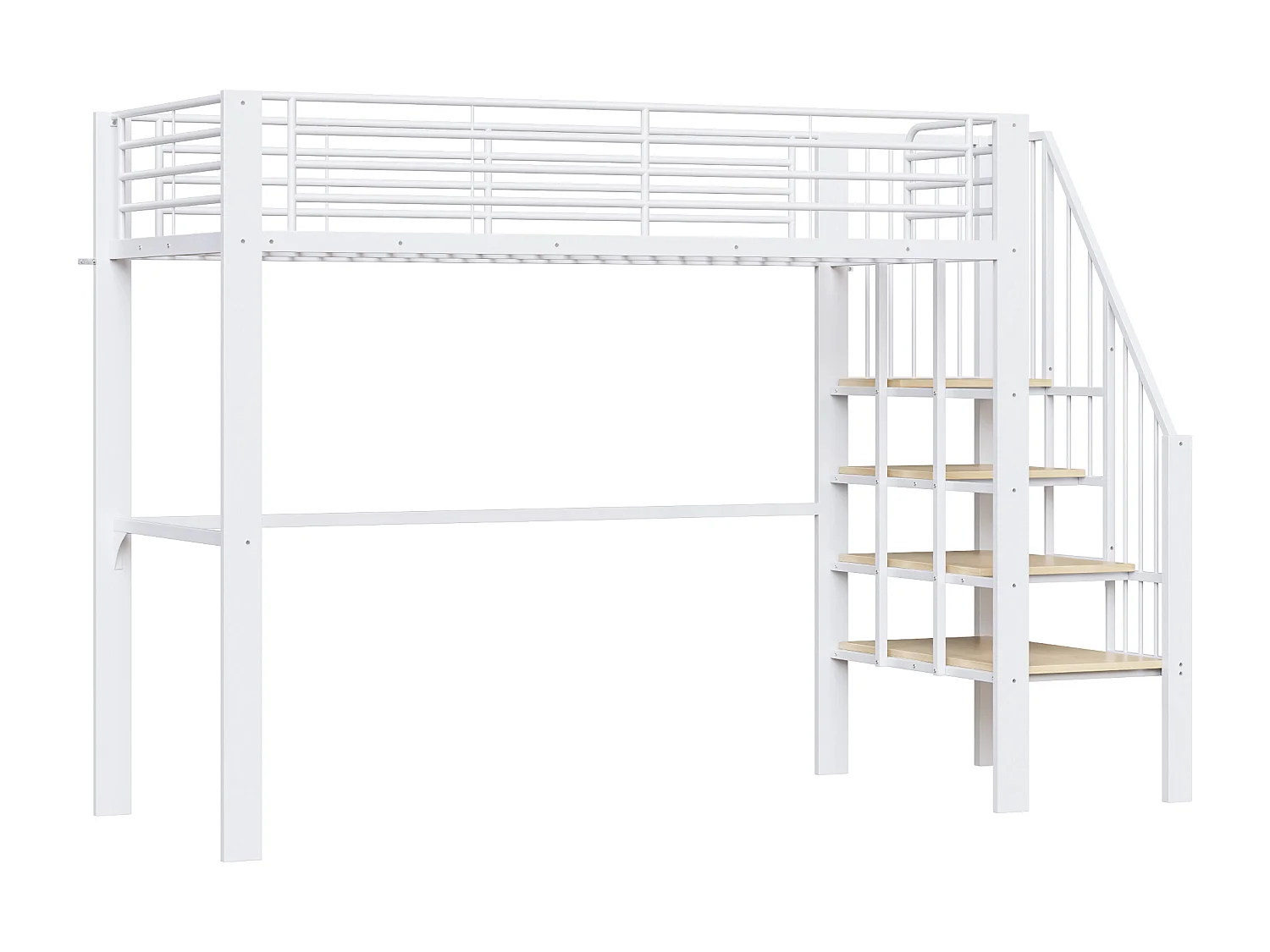 Lit mezzanine enfant 90 x 200 cm avec escalier de rangement - Structure métal - Blanc