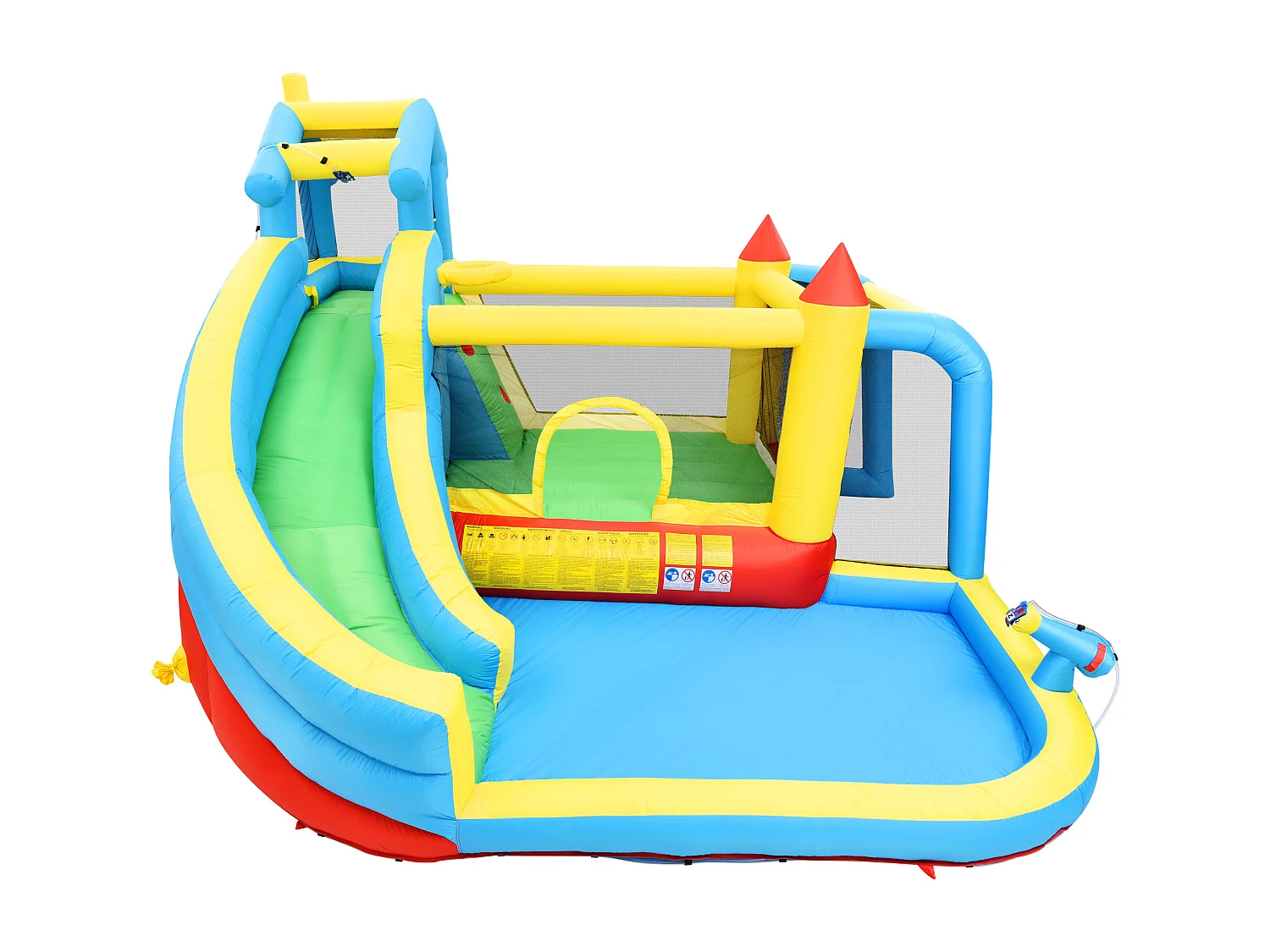 Château gonflable enfant 5-en-1 avec toboggan et piscine - Tissu Oxford bleu 364x315x239 cm