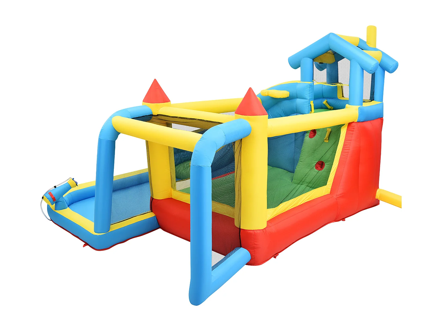 Château gonflable enfant 5-en-1 avec toboggan et piscine - Tissu Oxford bleu 364x315x239 cm