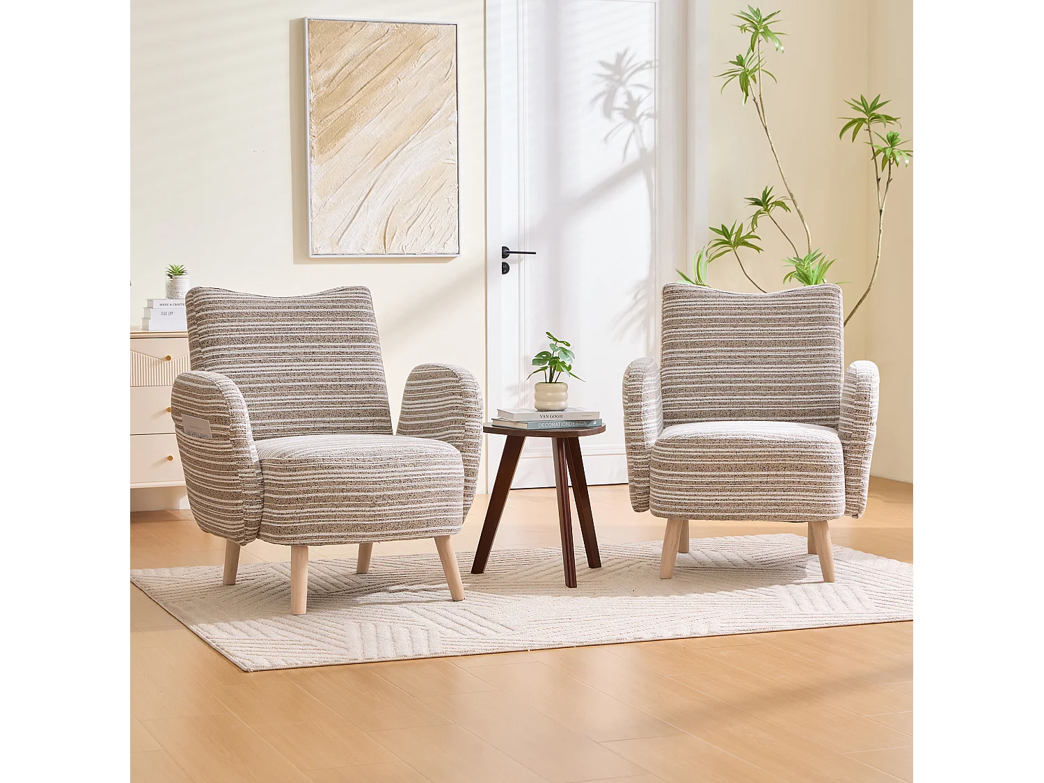 Fauteuil en tissu bouclé kaki - Pieds en bois - Pour salons, chambres et bureaux