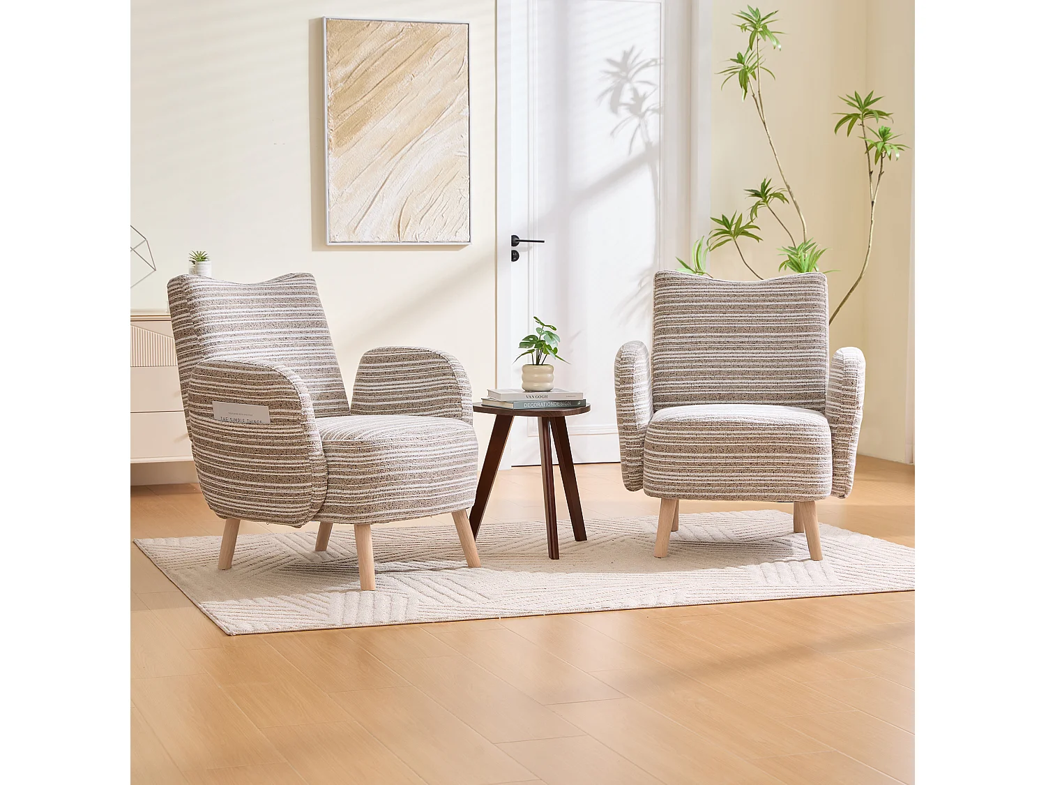 Fauteuil en tissu bouclé kaki - Pieds en bois - Pour salons, chambres et bureaux