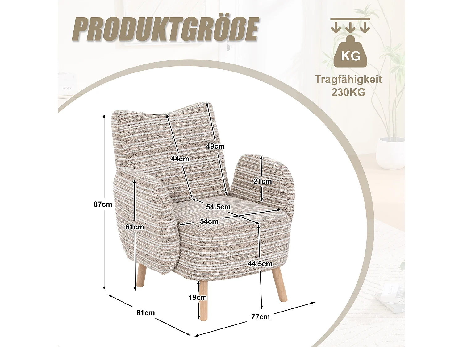 Fauteuil en tissu bouclé kaki - Pieds en bois - Pour salons, chambres et bureaux