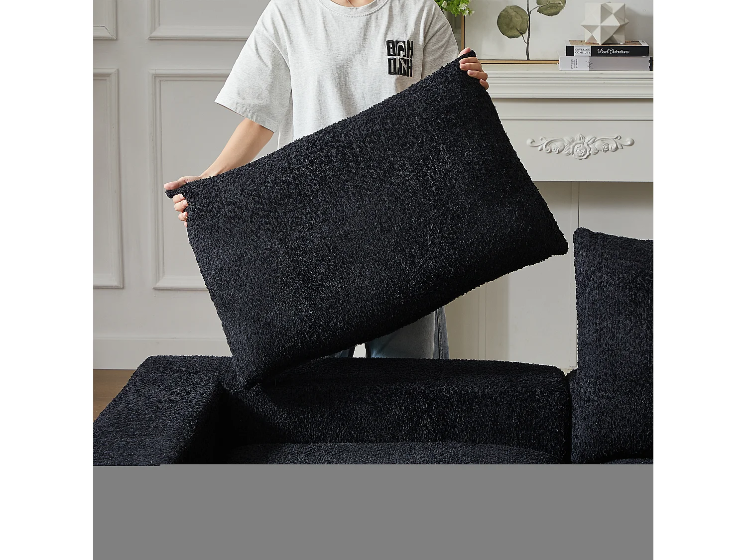 Canapé d'angle 6 places modulable avec méridienne - Tissu chenille noir - Sans montage