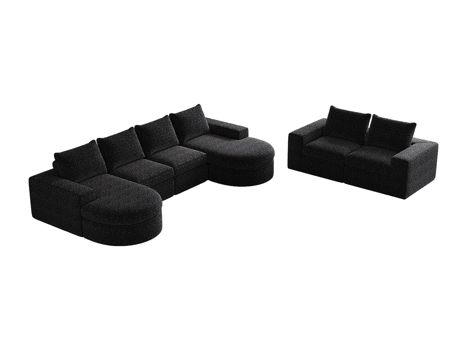 Canapé d'angle 6 places modulable avec méridienne - Tissu chenille noir - Sans montage